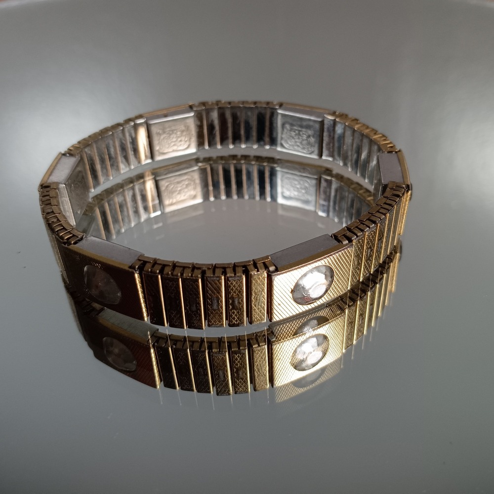 Vintage Stretch Bracelet Gold Tone Silver Tone Square Links Embossed Accents
